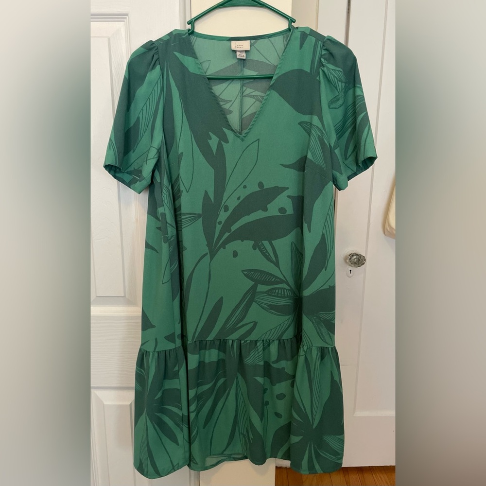 A New Day Green Leaf Print Dress - XS - Pre Owned
